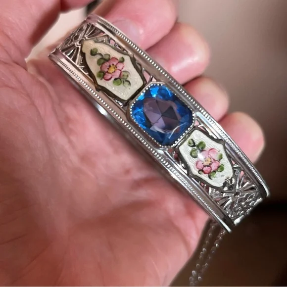 Vintage antique Victorian Art deco Silver Filagree Rose Enamel Blue Bracelet - Picture 16 of 17